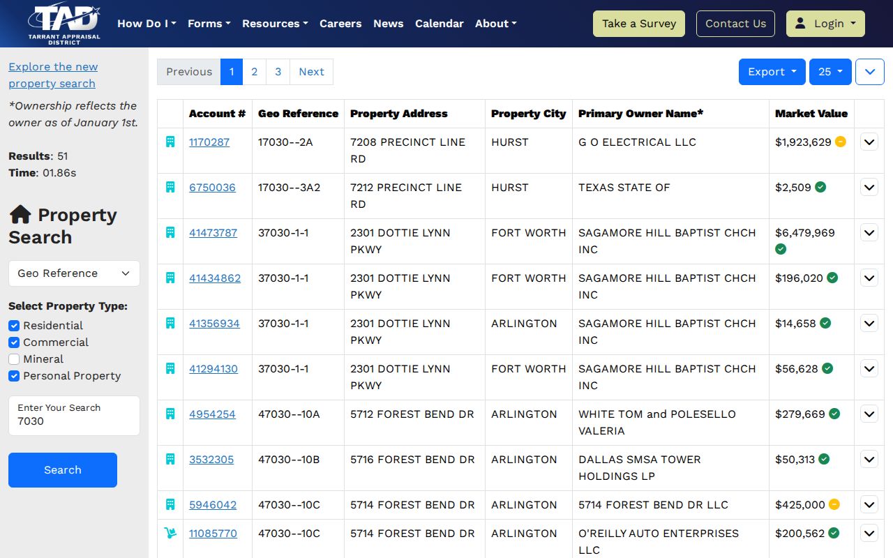 Hurst street directory TAD property result and detail fields